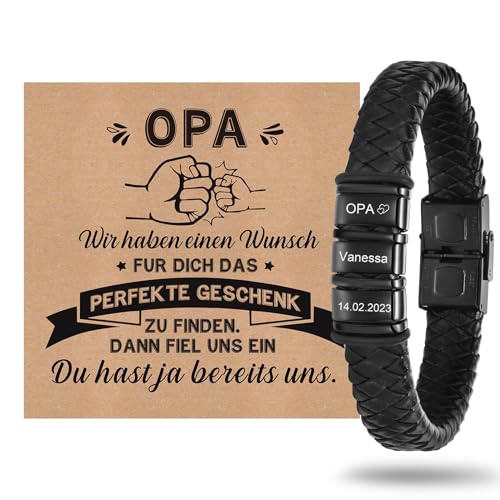 Vatertagsgeschenk für Opa Armband Herren Personalisierte - Männer Geschenke für Opa zum Geburtstag Lederarmband Herren mit Gravur Name Bester Opa Geschenk von Enkel (Schwarz - 3 Namensperlen, 19) von XUANPAI