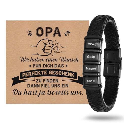 Vatertagsgeschenk für Opa Armband Herren Personalisierte - Männer Geschenke für Opa zum Geburtstag Lederarmband Herren mit Gravur Name Bester Opa Geschenk von Enkel (Schwarz - 4 Namensperlen, 21) von XUANPAI