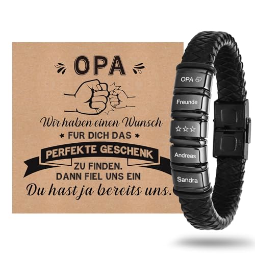 Vatertagsgeschenk für Opa Armband Herren Personalisierte - Männer Geschenke für Opa zum Geburtstag Lederarmband Herren mit Gravur Name Bester Opa Geschenk von Enkel (Schwarz - 5 Namensperlen, 21) von XUANPAI
