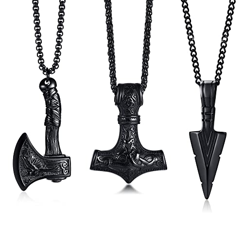 3 Stück Nordischen Wikinger Schmuck Thors Hammer Nordischen Mjolnir Axt Anhänger Halskette Speerspitze Pfeilspitze Halskette für Männer Amulett Talisman Halsketten (Schwarz) von XUANPAI