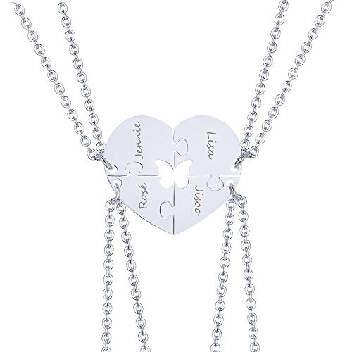 XUANPAI Angepasst 4 Stück BFF Puzzle Halsketten Personalisierte Herz Puzzle Hohl Schmetterling Anhänger Freundschaft Schmuck Passende Beziehung Familie Jubiläum Geburtstagsgeschenk für Unisex,Silber von XUANPAI