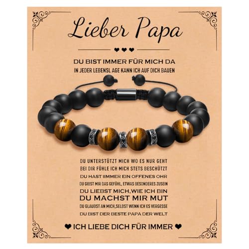 XUANPAI Armband Herren Damen Perlen aus Natursteine Tigerauge Stein Schwarzer Onyx Stein 10mm Perlenarmband Verstellbare Armbänder, Geschenke Für Männer und Frauen (Papa) von XUANPAI