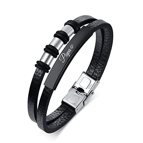 XUANPAI Armband Herren Papa Vatertagsgeschenke, Schwarz Leder Armreif Silber Edelstahl Armband, Geschenk für Männer Dad Vater von XUANPAI