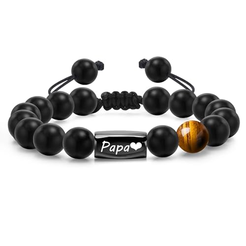 XUANPAI Armband Herren Personalisiert Papa Geschenk - Tigerauge Herren Armband 10mm Naturstein Geflochtenes Seil Verstellbares Armband Geburtstag Weihnachten Geschenk von XUANPAI