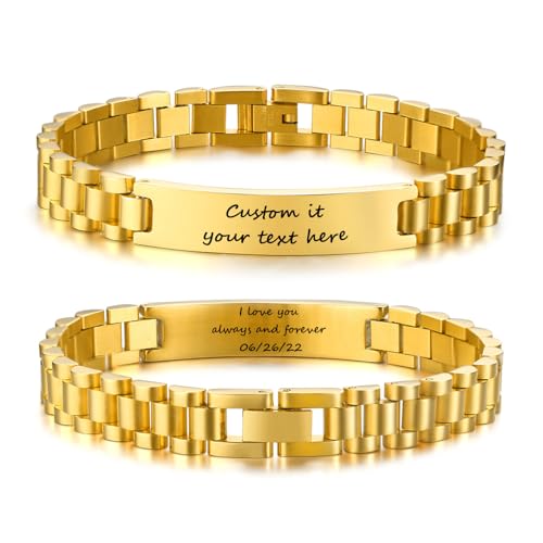 XUANPAI Armband Herren Personalisiert mit Gravur Namen - Edelstahl Herrenarmbänder Einstellbar mit Knebelverschluss Valentinstag Personalisierte Geschenke für Männer Frauen Paare (Gold, 21 cm) von XUANPAI