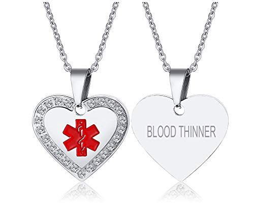 XUANPAI Blood THINNER Benutzerdefinierte Gravur Notfall Medical Alert ID Neklace Kubikzircon Herz Anhänger für Frauen Mädchen, Kette 20" von XUANPAI