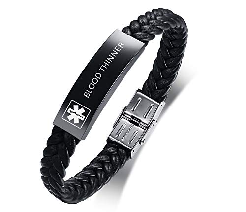 XUANPAI Custom Edelstahl Leder Geflochten Wrap Armband Medical Alert Notfall ID Armband für Männer mit BLOOD THINNER Eingraviert von XUANPAI