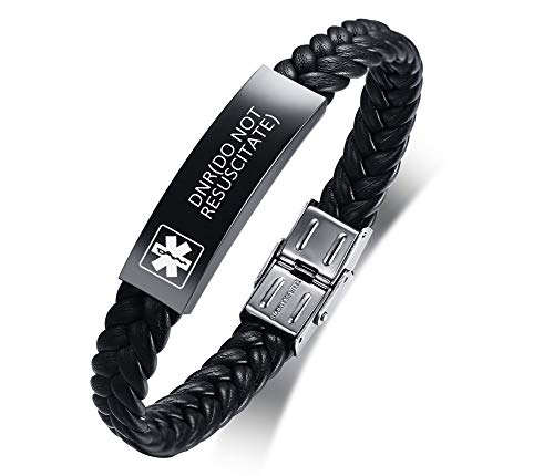 XUANPAI Custom Edelstahl Leder Geflochten Wrap Armband Medical Alert Notfall ID Armband für Männer mit DNR(DO NOT RESUSCITATE) Eingraviert von XUANPAI