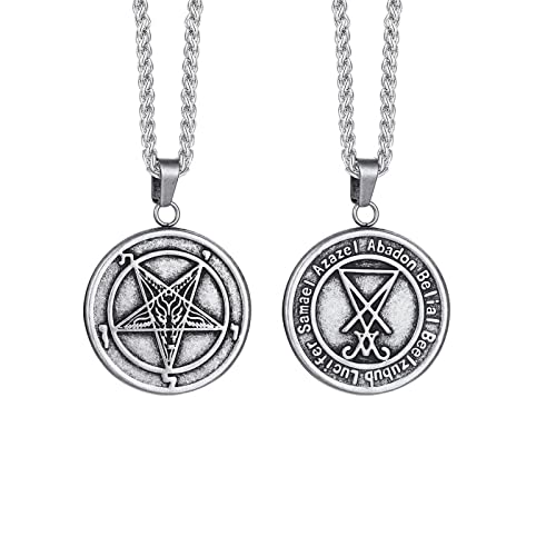 XUANPAI Edelstahl Alte Silber Religiöse Satanismus Schmuck Siegel von Lucifer Amulett Anhänger Halskette für Männer, Halloween deko von XUANPAI