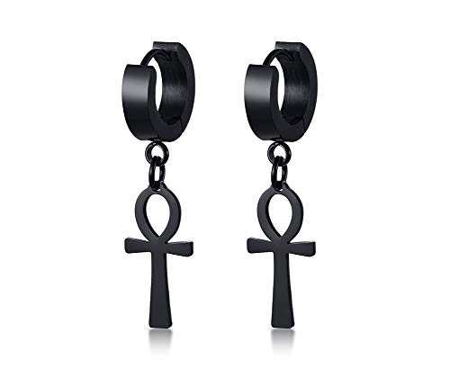 XUANPAI Edelstahl Cool Ohrclips Piercing Edelstahl Ankh Kreuz Charme Baumeln Klappbare Ohrstecker für Männer Frauen Teen Gilrs Boys, Schwarz von XUANPAI