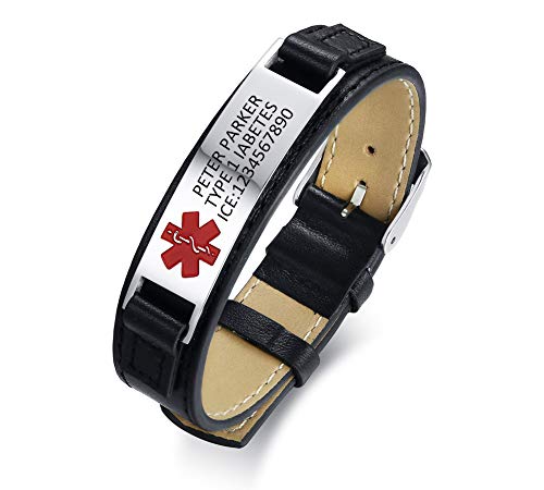 XUANPAI Edelstahl Echtes Leder Einstellbare Medical Alert Personalisierte Identifikation Kostenlose Gravur Armband Für Männer Frauen von XUANPAI