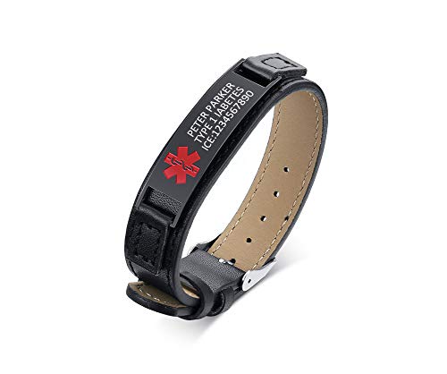 XUANPAI Edelstahl Echtes Leder Einstellbare Medical Alert Personalisierte Identifikation Kundenspezifische Schwarze ID Tag Armband Für Männer Frauen von XUANPAI