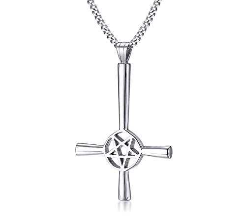 XUANPAI Men Edelstahl Christian Satanic Anhänger Gothic Inverted Cross Pentacle Pentagram Upside Down Halskette von XUANPAI