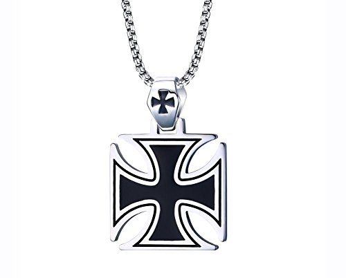 XUANPAI Edelstahl Schwarz Malteserkreuz Jesus Anhänger Halskette Katholisch Christian Ostern Gebet Schmuck für Männer Junge Runde Box Kette von XUANPAI