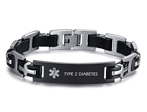 XUANPAI Edelstahl Schwarz Silikon Hochglanzpoliert Medical Alert Notfall Armband Kundenspezifische Link Armband für Männer Gravieren mit TYPE 2 DIABETES von XUANPAI