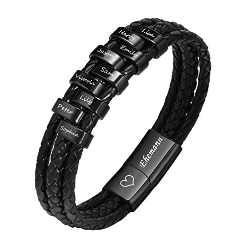 XUANPAI Ehemann Armband, Personalisierte Geschenke Herren Armband, Schwarz Echtleder Breites Lederarmband, Armband mit Namen, Geschenke für Männer Papa Sohn Ehemann Freund Opa Enkel Onkel Neffe von XUANPAI