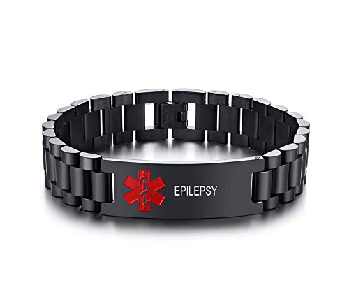 XUANPAI Epilepsy Medical Alert ID Armband-Angepasst 15,5 MM Schwarz Edelstahl Breites Armband Armband für Männer Junge, 8,3 " von XUANPAI