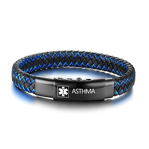 XUANPAI Graviert mit ASTHMA Handgefertigte Geflochten Armreif Verstellbarer Knopf Leder Notfall Medizinischer Alarm ID Armbänder für Männer Schwarz von XUANPAI