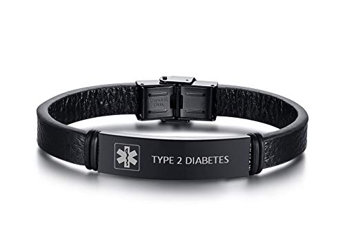 XUANPAI Gravierte Type 2 Diabetes Medical Alert Notfall ID Armband Mikrofaser Wrap Leder Armband Identifikation Manschette Armreif für Männer Junge von XUANPAI