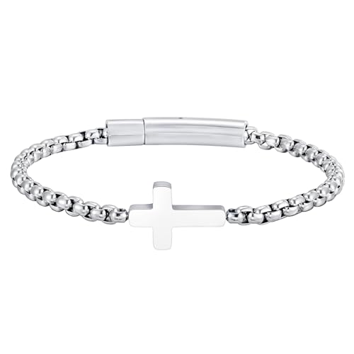 XUANPAI Herren-Armband mit Kreuz-Anhänger, Edelstahl, voller Glanz, quadratische Perle, 4 mm Breite, 19 cm Gesamtlänge, runder Karabinerverschluss für Damen und Herren, 23 cm, Edelstahl XUANPAI Herren-Armband mit Kreuz-Anhänger, Edelstahl, voller Glanz, quadratische Perle, 4 mm Breite, 19 cm Gesamtlänge, runder Karabinerverschluss für Damen und Herren, 23 cm, Edelstahl von XUANPAI