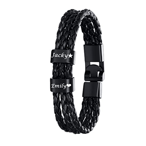 Herren Schwarzes Leder Armband mit Gravur : XUANPAI Personalisierter Schmuck, Personalisierte Geschenke für Männer, Armband mit Namen (2 Ringe) von XUANPAI