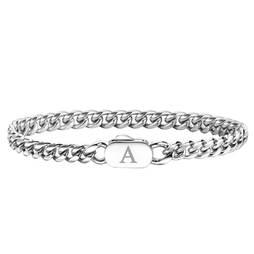 XUANPAI Initiale Armbänder für Männer, A-Z Letter Armband Silber Herrenarmband mit Initiale, Edelstahl Stylish Non Tarnish Cuban Link Armband für Männer Schmuck Geschenke,21cm (A) von XUANPAI