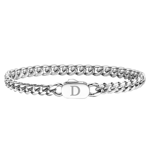 XUANPAI Initiale Armbänder für Männer, A-Z Letter Armband Silber Herrenarmband mit Initiale, Edelstahl Stylish Non Tarnish Cuban Link Armband für Männer Schmuck Geschenke,21cm (D) von XUANPAI