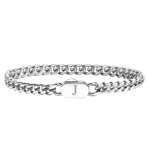 XUANPAI Initiale Armbänder für Männer, A-Z Letter Armband Silber Herrenarmband mit Initiale, Edelstahl Stylish Non Tarnish Cuban Link Armband für Männer Schmuck Geschenke,21cm (J) von XUANPAI
