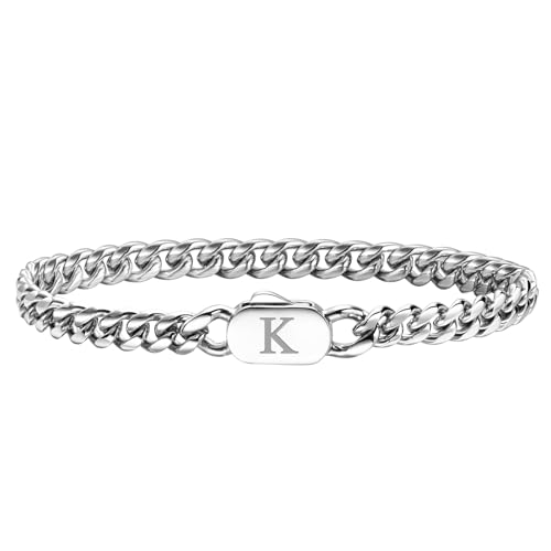 XUANPAI Initiale Armbänder für Männer, A-Z Letter Armband Silber Herrenarmband mit Initiale, Edelstahl Stylish Non Tarnish Cuban Link Armband für Männer Schmuck Geschenke,21cm (K) von XUANPAI