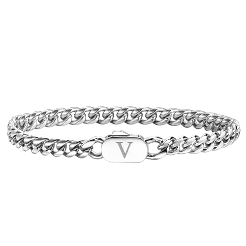 XUANPAI Initiale Armbänder für Männer, A-Z Letter Armband Silber Herrenarmband mit Initiale, Edelstahl Stylish Non Tarnish Cuban Link Armband für Männer Schmuck Geschenke,21cm (V) von XUANPAI