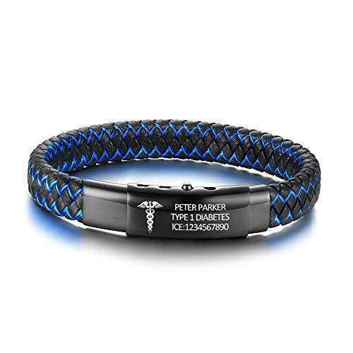 XUANPAI Kostenlose Benutzerdefinierte Gravur Handgefertigte Geflochtene Armreif Verstellbare Leder Notfall Medizinischer Alarm ID Armbänder für Männer Schwarz von XUANPAI