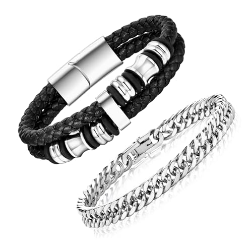 Armband Herren Lederarmband Edelstahl Valentinstag Jahrestag - Herren Armband Silber Armbänder für Herren Jungs 2er Set Herrenarmbänder Männer Schmuck Geschenk für DAD Freund Ehemann Bruder 21CM von XUANPAI