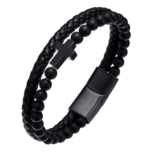 XUANPAI Lederarmband Herren Kreuz Herrenarmbänder - Jesus Christus Kruzifix Männer Armband Naturstein Geflochten Armband Geschenk für Sohn Papa Ehemann Bruder Konfirmation Weihnachten von XUANPAI