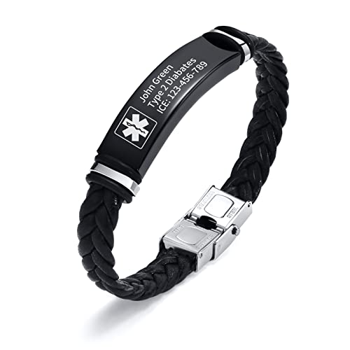 XUANPAI Maßgeschneiderte Edelstahl Leder Geflochten Wrap Armband Medical Alert Notfall ID Armband Kostenlose Gravur für Männer (Kostenlose Gravur - Schwarz) von XUANPAI