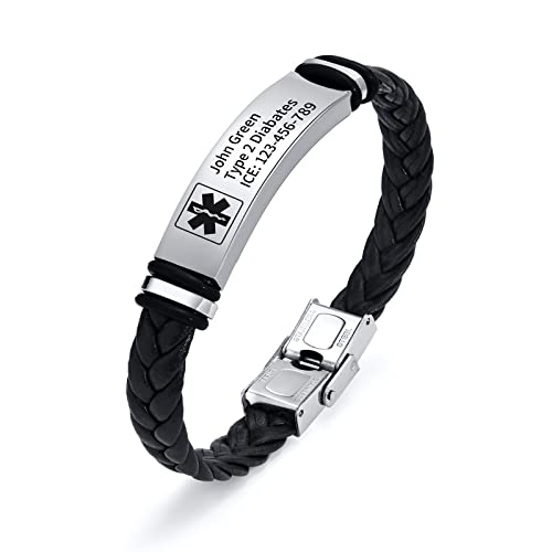 XUANPAI Maßgeschneiderte Edelstahl Leder Geflochten Wrap Armband Medical Alert Notfall ID Armband Kostenlose Gravur für Männer (Kostenlose Gravur - Silber) von XUANPAI