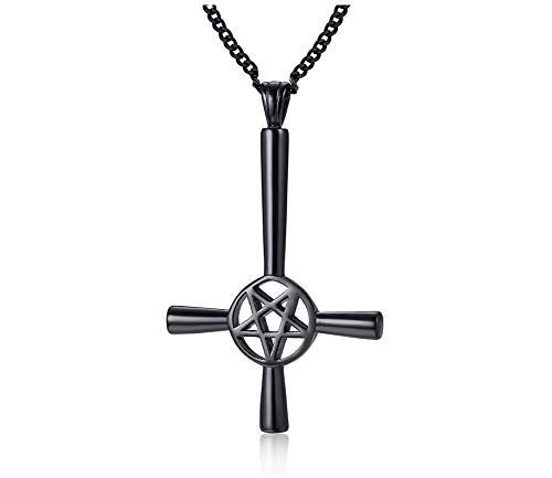 XUANPAI Men Edelstahl Christian Satanic Anhänger Gothic Inverted Cross Pentacle Pentagram Upside Down Halskette Schwarz, Halloween Schmuck von XUANPAI