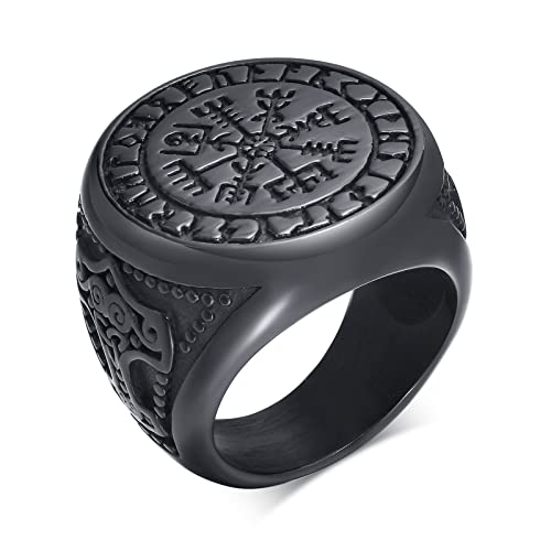 Nordischer Herrenring Wikingerring, Viking Runen Vegvisir Kompass Ring Thors Hammer Ring Edelstahl Ringe fur Männer (Schwarz, 64 (20.4)) von XUANPAI