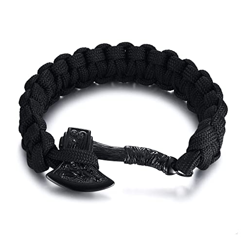 Nordisches Wikinger Armband für Herren, XUANPAI Wikinger Axt Armbänder Geflochtenes Seil Armbänd, Schwarz Nordisch Schutzamulett Armreif Talisman Schmuck für Jungen Männer von XUANPAI