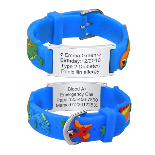 XUANPAI Notfallarmband Kinder SOS Armband : Personalisiert Medizinisches ID Armband Wasserdichtes Weiches Silikonband Angenehm Verstellbare Länge Cartoon Armband Namensarmband für Jungen Mädchen von XUANPAI