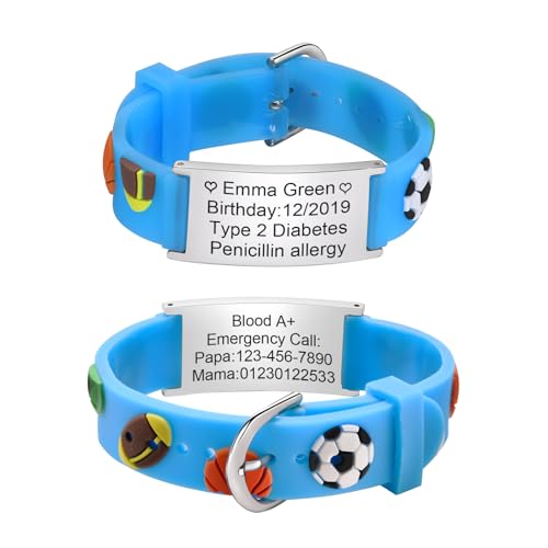 XUANPAI Notfallarmband Kinder SOS Armband : Personalisiert Medizinisches ID Armband Wasserdichtes Weiches Silikonband Angenehm Verstellbare Länge Cartoon Armband Namensarmband für Jungen Mädchen von XUANPAI