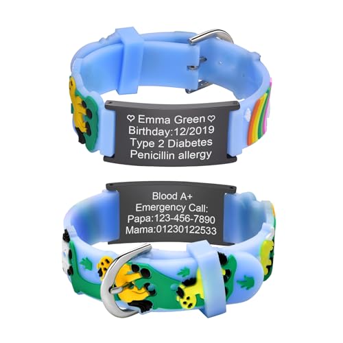 XUANPAI Notfallarmband Kinder SOS Armband : Personalisiert Medizinisches ID Armband Wasserdichtes Weiches Silikonband Angenehm Verstellbare Länge Cartoon Armband Namensarmband für Jungen Mädchen von XUANPAI