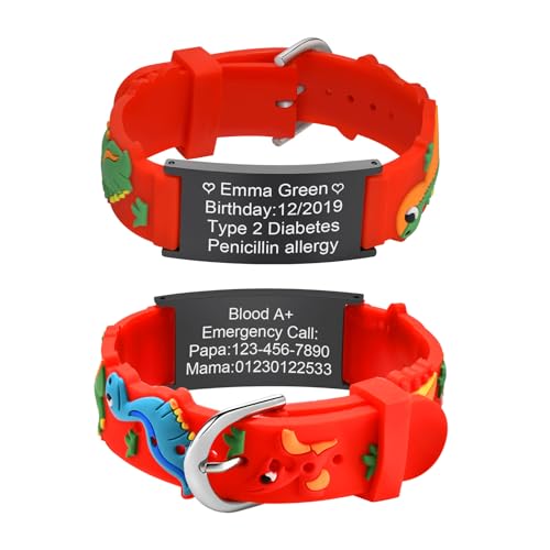 XUANPAI Notfallarmband Kinder SOS Armband : Personalisiert Medizinisches ID Armband Wasserdichtes Weiches Silikonband Angenehm Verstellbare Länge Cartoon Armband Namensarmband für Jungen Mädchen von XUANPAI