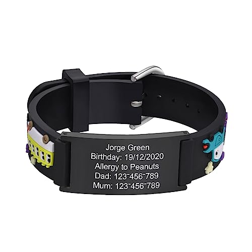 XUANPAI Notfallarmband Kinder SOS: Personalisiert Medizinisches ID Armband, Wasserdichtes Weiches Silikonband, Angenehm Verstellbare Länge, Cartoon Namensarmband für Jungen Mädchen von XUANPAI