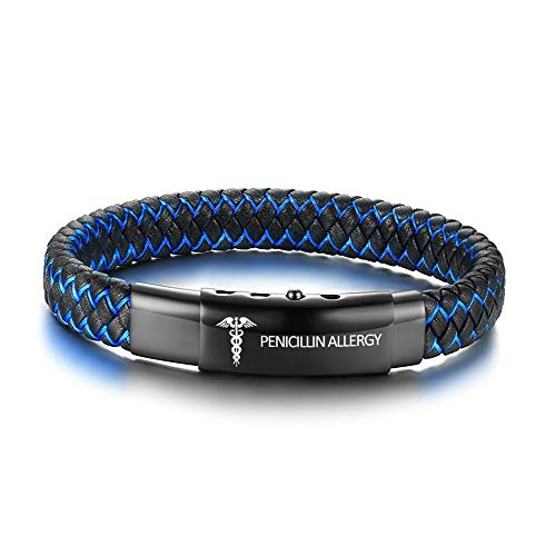 XUANPAI PENICILLIN ALLERGY Handgefertigte Geflochtener Armreif Verstellbares Leder Notfall Medizinischer Alarm ID Armbänder für Männer Schwarz von XUANPAI