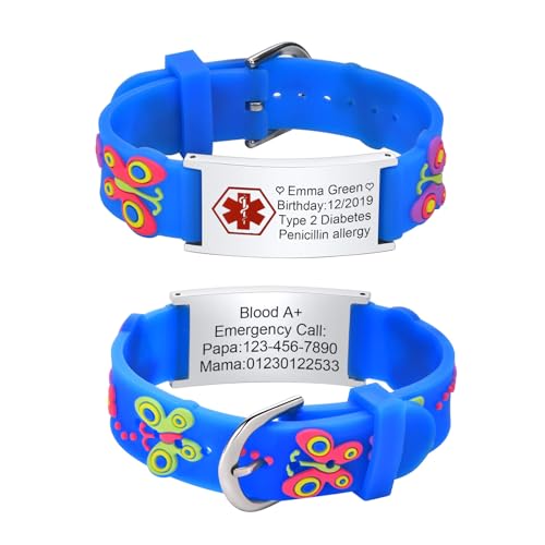 XUANPAI Notfallarmband Kinder SOS Armband : Personalisiert Medizinisches ID Armband Wasserdichtes Weiches Silikonband Angenehm Verstellbare Länge Cartoon Armband Namensarmband für Jungen Mädchen von XUANPAI