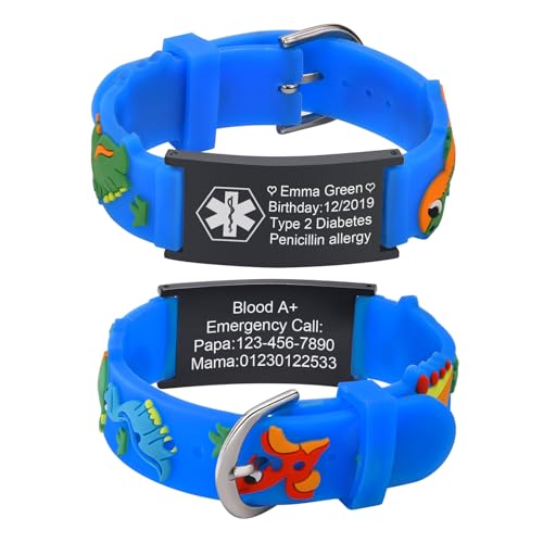 XUANPAI Notfallarmband Kinder SOS Armband : Personalisiert Medizinisches ID Armband Wasserdichtes Weiches Silikonband Angenehm Verstellbare Länge Cartoon Armband Namensarmband für Jungen Mädchen von XUANPAI