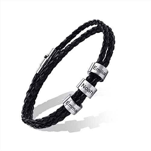 XUANPAI Personalisierte Armband Herren aus Leder, Schwarzes Lederarmband mit Gravur, Schmuck Personalisierte Geschenke für Männer, Armband mit Namen, Edelstahl, 18cm, 3 Ringe von XUANPAI