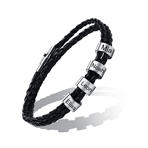 XUANPAI Personalisierte Armband Herren aus Leder, Schwarzes Lederarmband mit Gravur, Schmuck Personalisierte Geschenke für Männer, Armband mit Namen, Edelstahl, 22cm, 4 Ringe von XUANPAI