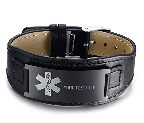 XUANPAI Personalisierte Benutzerdefinierte Edelstahl Notfall Medical Alert Schwarz Echtes Leder Einstellbar Identifikation Armband Armband Für Männer Frauen von XUANPAI