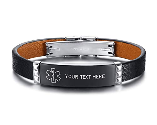 XUANPAI Personalisierte Edelstahl Leder Material Armband Medical Alert Notfall Kundenspezifische ID Armband Geschenk für Männer von XUANPAI